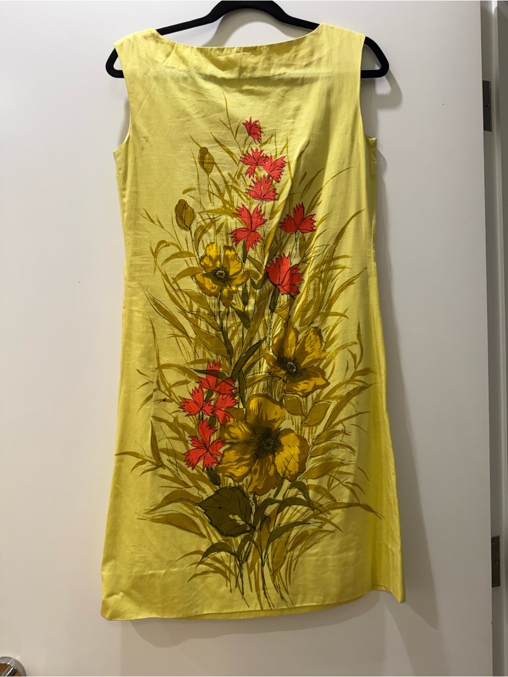 Vintage 60s Yellow Floral Graphic Shift Dress Mod Retro Chartreuse Linen 1960s - Picture 3 of 6